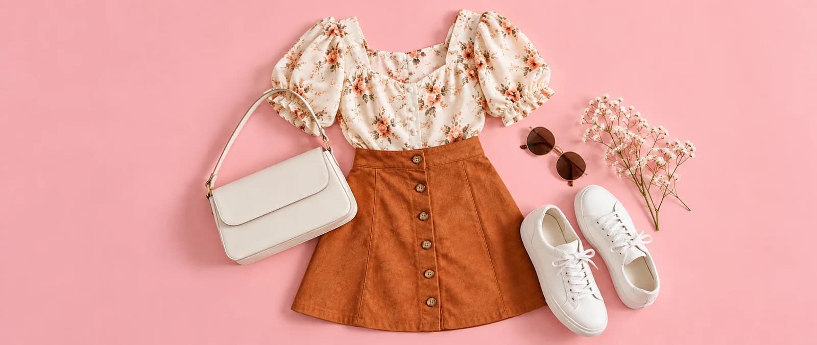 Flat lay of a floral blouse, rust skirt, white bag and sneakers on pink