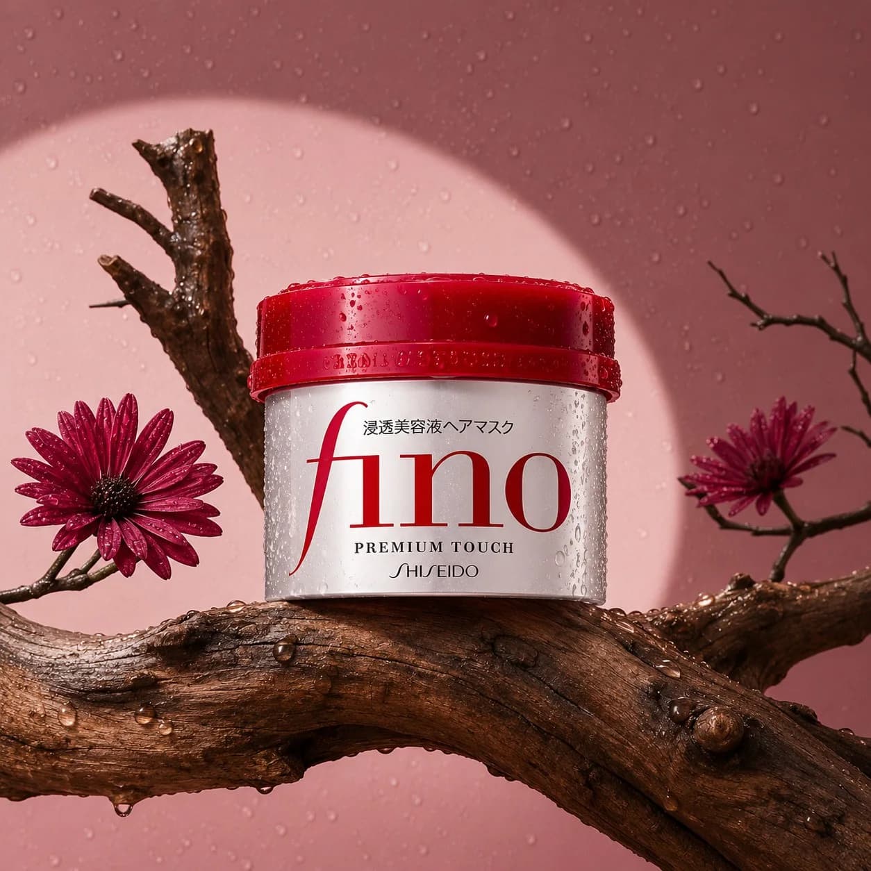 Fino hair mask jar on a wet branch with red flowers, pink backdrop