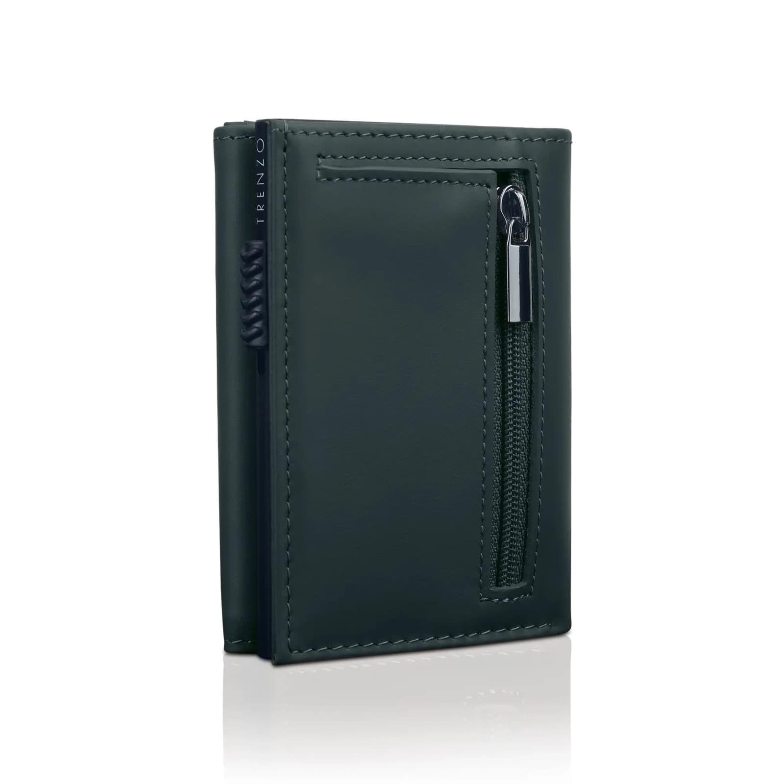 Trenzo green leather card wallet with a zip pocket, shot at an angle on white